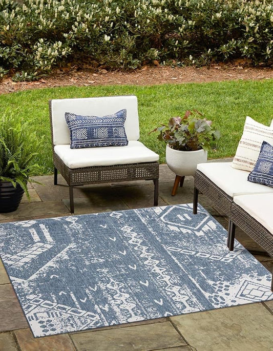 Unique Loom Outdoor Bohemian Collection Area Rug - Anthro (10' Square Blue/Ivory)