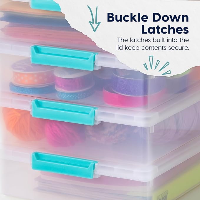 IRIS USA 6 Qt. Craft Storage Bins with Lids, 3-Pack, |Made in USA|, Clip Box, Small Plastic Sensory Bin Tote Organizer Containers for Art Supplies, Paper, & Office, Stackable - Clear/Seafoam Blue