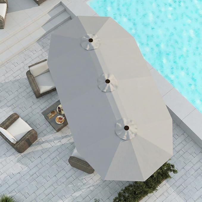 15FT Large Patio Umbrella with Base Included, Double Sided Outdoor Market Umbrella with Flexible Fiberglass Ribs, UV-Blocking Extra Large Umbrella for Garden, Pool, Deck, Light Gray