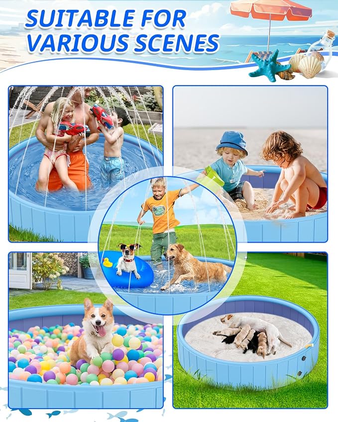 YSJILIDE Dog Pools for Large Dogs, 2-in-1 Sprinkler Pool for Kids Non-Slip Dog Swimming Pool for Outdoor Backyard Kids Dogs Ducks and Pet Baths 63" x 12"