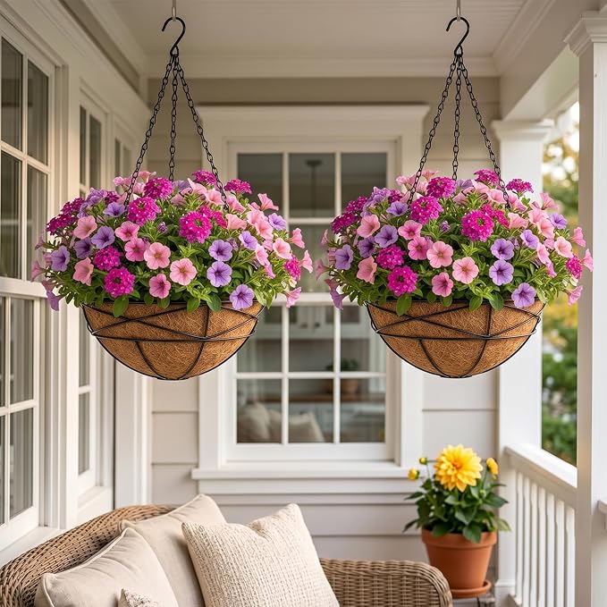2 Pack 10 Inch Hanging Planters for Outdoor Plants Metal Wire Flower Baskets with Natural Coconut Liners for Garden Planting Decor