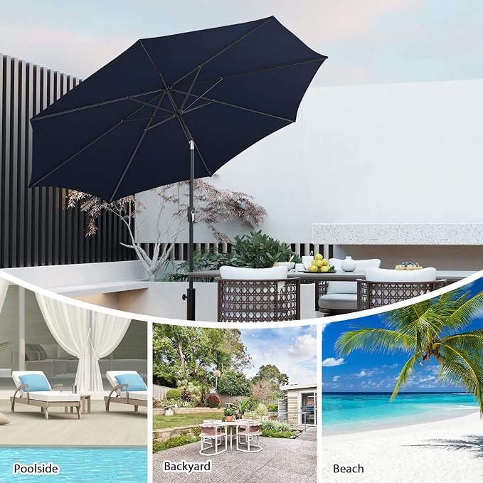 HAPPYGRILL 10 FT Solar Patio Umbrella with 112 LED Light, Outdoor Umbrella with Tilt Adjustment, Crank System, 8 Metal Ribs & Vented Top, Deck Table Market Umbrella for Garden Pool Deck Yard