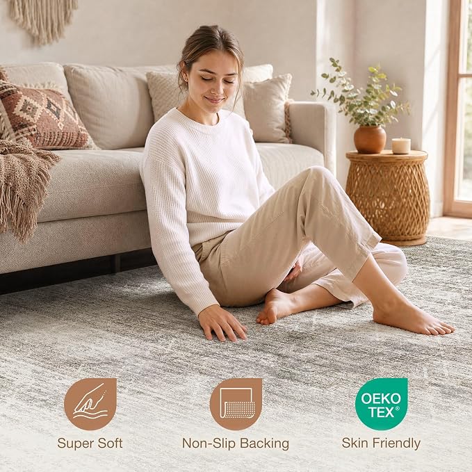 cotiled Boho 10x12 Area Rugs for Living Room: Large Moroccan Washable Rug | Solve Modern Neutral Trendy Home Decor - Stain Resistan Carpet for Bedroom Farmhouse Dining Room Brown Grey