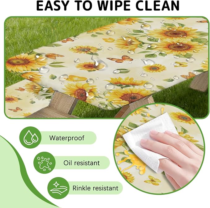 Picnic Table Cover with Bench Covers Elastic Edges, 3 Pcs Sunflower Fitted Table Cover with Drawstring Bag, Waterproof Windproof Aesthetic Camping Tablecloth, Outdoor Camping Essentials 72 Inch