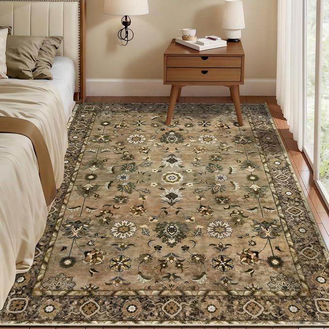 Tangsoo Vintage 3x5 Area Rugs, Washable Non Slip Accent Rugs for Entryway | Farmhouse Print Indoor Carpet, Brown Oriental Soft Low Pile Rug for Living Room Bedroom Bedside Bathroom Entrance Home Decor