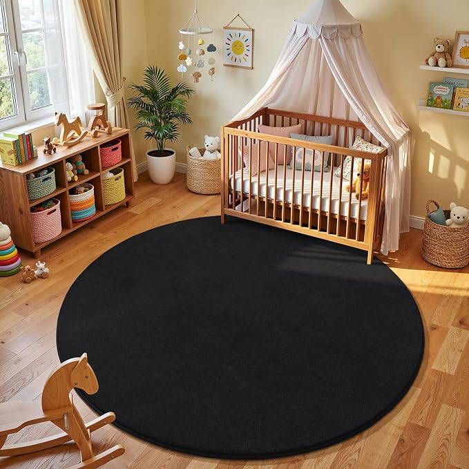 Amearea Black Round Area Rugs 6ft Circle Rugs for Bedroom Living Room | Washable Fluffy Indoor Thickened Memory Foam Rug, Non Slip Minimalist Circular Carpet for Boys Girls Dorm Nursery Room Decor