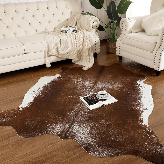AROGAN Faux Cowhide Rug, Cow Print Large Animal Rug, 5.2x6.2 Ft Deep Brown | Premium Cow Hide Carpet, Western Rug for Bedroom Living Room Decor, Durable Faux Cow Skin Cowhide Area Rug