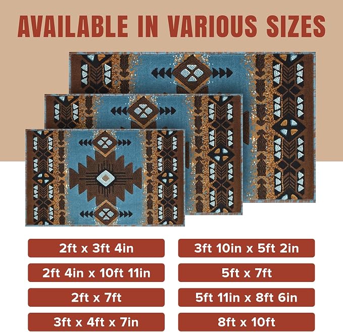 YHSF Southwest Native American Area Rug – Thick, Soft, Durable & Easy to Maintenance Tribal Design Boho Rug– Ideal for Bedroom, Living Room & Hallway - Blue-Brown, 2 Feet 4 Inches x 10 Feet 11 Inches