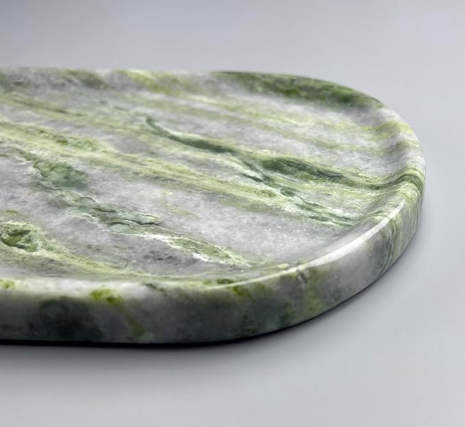 Green Marble Vanity Tray 9.8", Natural Stone Organizer for Bathroom | Luxury green marble tray, polished non-slip base, Perfect for jewelry, perfumes, décor. Unique pattern, ideal gift for her.