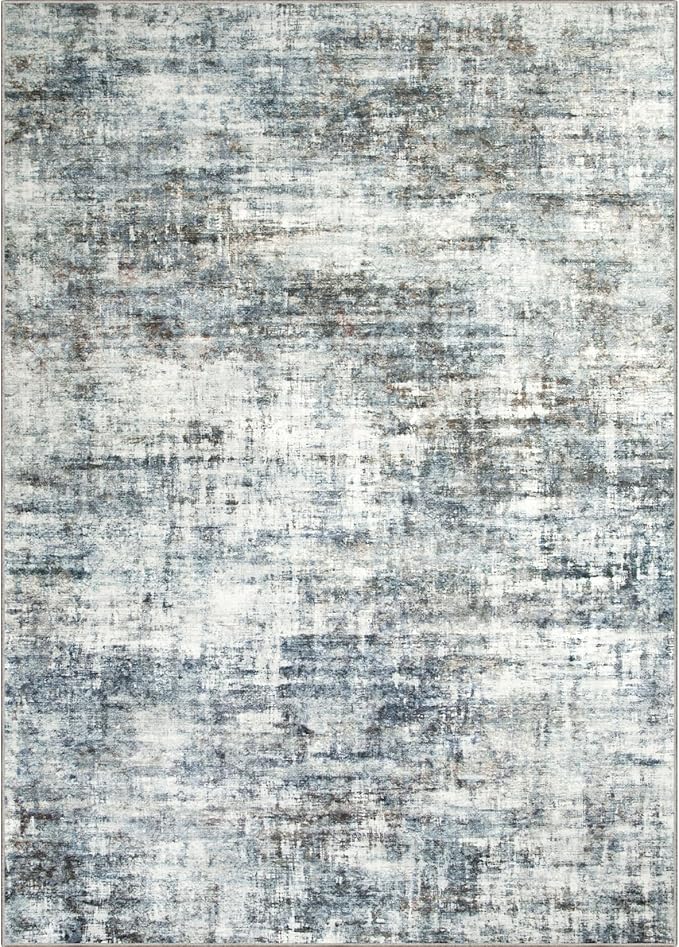 4x6 Area Rugs for Living Room: Washable Abstract Blue Multi Badroom Carpet | Non-slip TPE backing makes this washable soft low-pile rug safe & durable, Pet-friendly decor for dining room,nursery,office