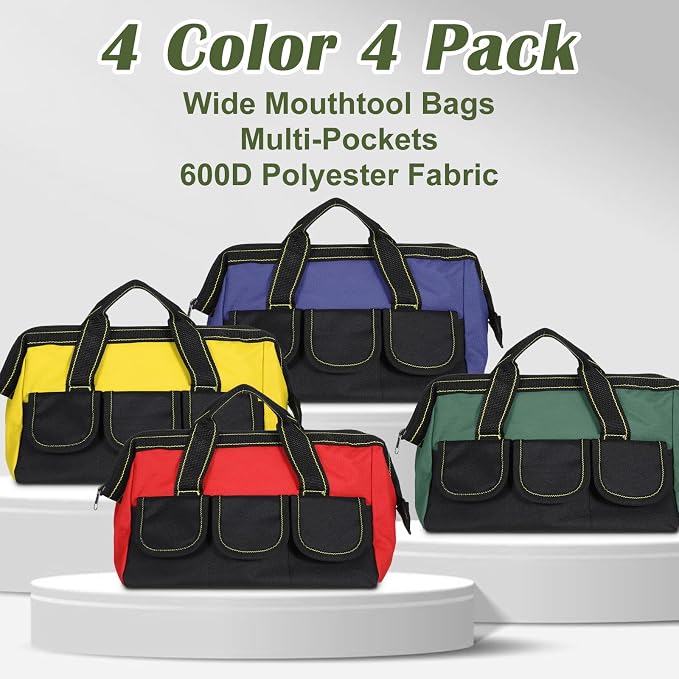 4 Pcs Tool Bag for Men Women Heavy Duty Tool Tote with Waterproof Hard Bottom Multi Pockets Large Mouth Organizer for Various Worker Electrician Carpenter Mechanic(13 Inch,Blue Red Yellow)