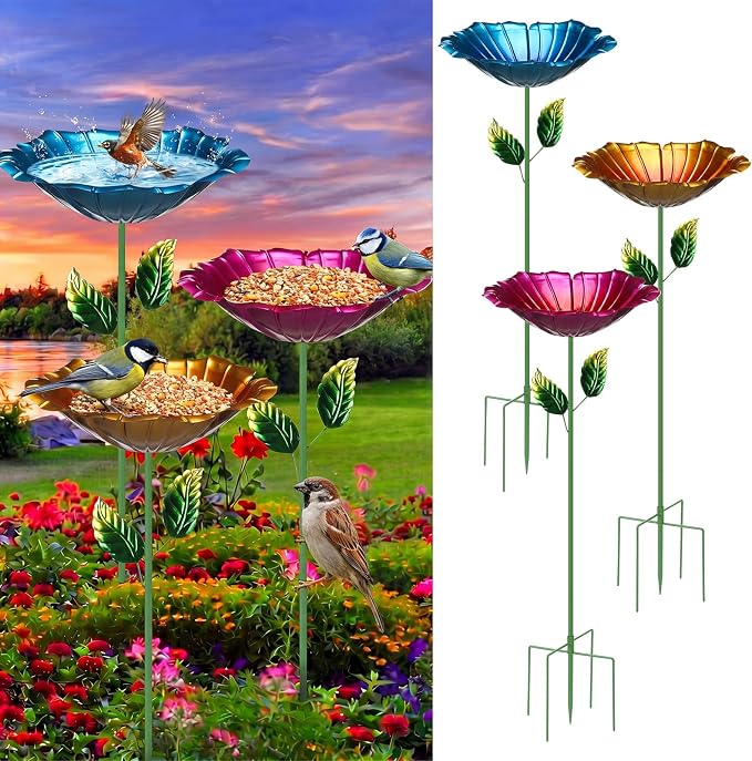 3 Pack Metal Bird Baths for Outdoors 31.5" H x 10.6" D Flower Bird Feeders with Metal Stake Colorful Hummingbird Watering Station for Garden Yard Lawn Decoration