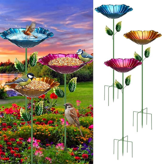 3 Pack Metal Bird Baths for Outdoors 31.5" H x 10.6" D Flower Bird Feeders with Metal Stake Colorful Hummingbird Watering Station for Garden Yard Lawn Decoration