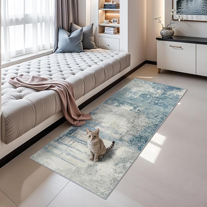 2x6 Abstract Kitchen Rug Runners: Washable Hallway Non Slip Runner Blue | Carpet Low Pile Soft Indoor Floor Mat Front Door for Bedroom Entryway Laundry