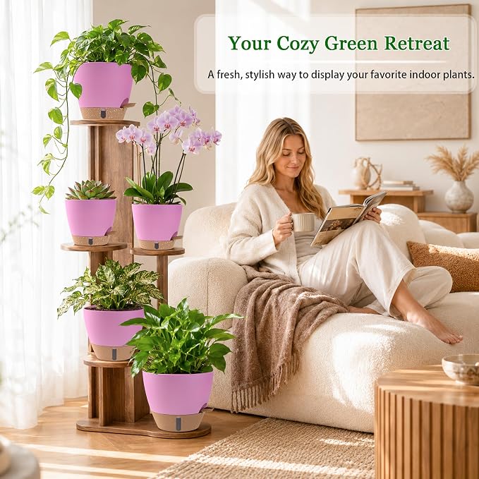 Self Watering Pots for Inoor Ourdoor Plants 10/9/8/7/6.5 Inch Plastic Planters with Drainage Holes & Water Level Indicator, Decorative House Flower Nursery Planting Pots with Saucers (Dusty Rose/Pink)