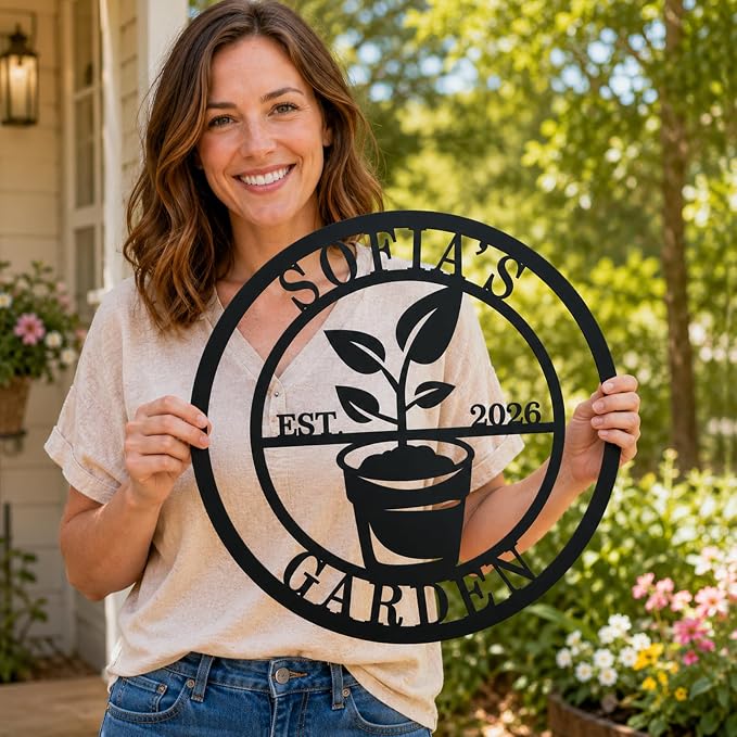 Personalized Garden Signs with Family Name and Established Year, Custom Last Name Metal Plant Pot Wall Decor for Vegetable Garden, Yard, Patio, Greenhouse, Rustic Farmhouse Gift