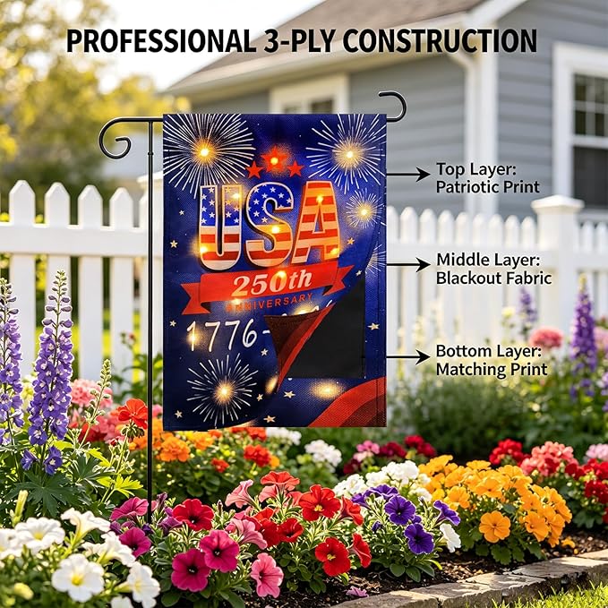 250 Anniversary USA Garden Flags-1776-2026 Double Side 12x18 Inch Patriotic 4th of July Decorations for Outside Flags with Lights- Solar LED Burlap US Flag for Memorial Day Decorations