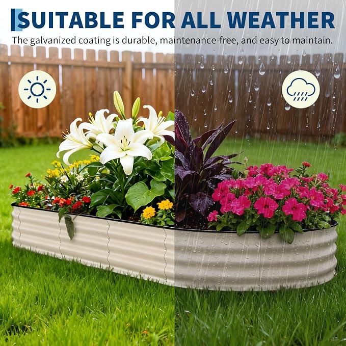 Garvee 2 Pack 8x4x1.5ft Galvanized Raised Garden Bed Kit, Oval Metal Planter Boxes with Anti-Cut Safety Edges, Rust-Resistant Deep Root Planters for Outdoor Vegetables, Flowers, Herbs, Beige