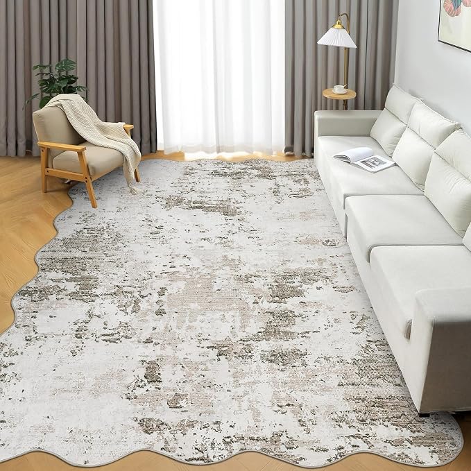 ROYHOME Living Room 8x10 Washable Modern Scalloped Abstract Rug, Taupe | Faux Wool Accent Ultra Soft Non Slip Non Shedding Accent Rug for Bedroom Dining Room Office Home