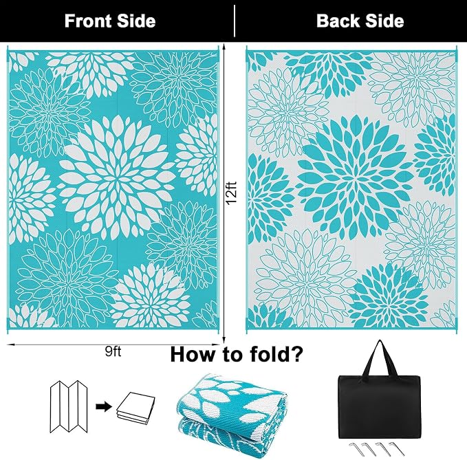 Ileading Waterproof Outdoor Rug 9x12, Reversible Plastic Straw Patio Rug, Portable Indoor Outdoor RV Camping Mat Carpet for Deck, Porch, Balcony, Backyard, Picnic, Floral Teal
