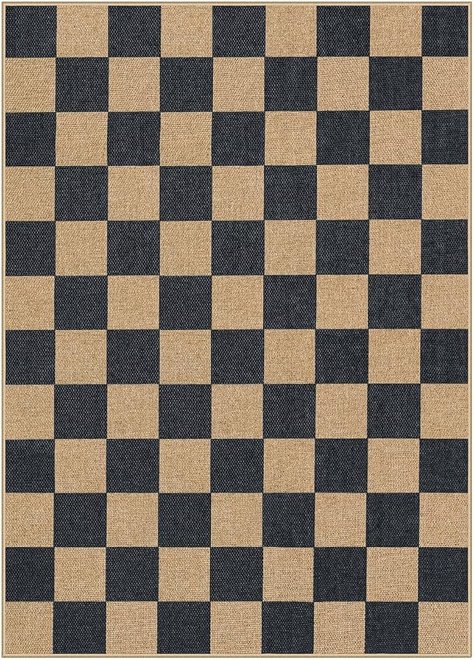 Lahome Checkered Easy Jute Area Rug, 5x7 Outdoor Patio Rug Washable Carpet for Living Room Checkerboard Indoor Outdoor Carpet, Farmhouse Geometric Non Slip Black Mat for Backyard Dining Room