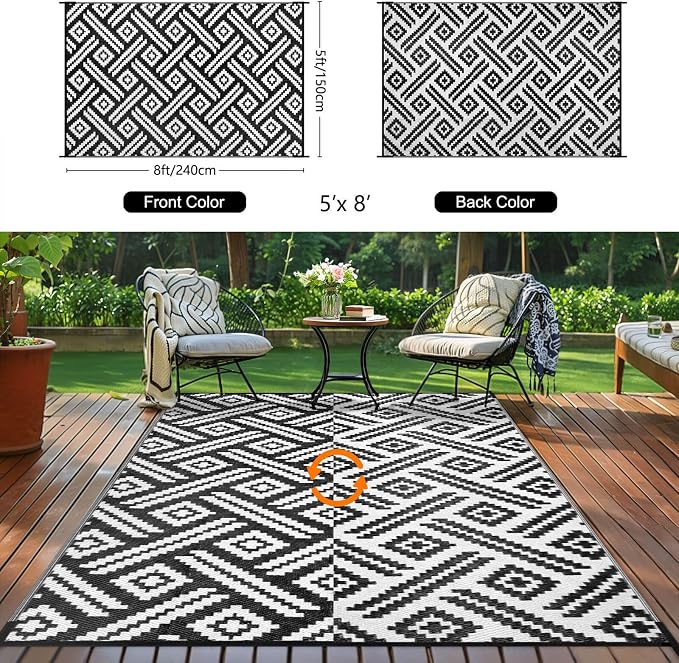 Outdoor Patio Plastic Straw Rug - 5x8 ft Outdoor Camping Rug Waterproof Reversible, Area Carpet Patios RV, Outside Porch Balcony Deck for Camper, Moden Black White