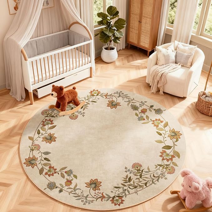 Washable Bedroom Round Rug 4ft: Living Room Rug Stain Resistant Non Slip Low Pile Ultra Soft Faux Wool Circle Area Rugs for Bedroom Kitchen Entryway Kids Room Bathroom Entrance Nursery Dorm Office