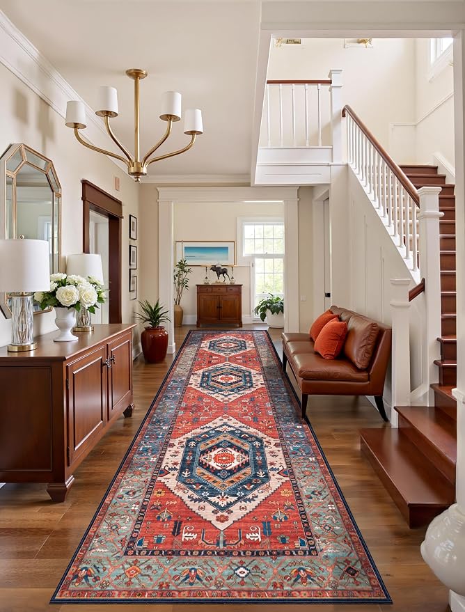 SERISSA 3x10 Washable Non Slip Boho Runner Rug for Hallway，Rust | Ultra Soft Vintage Oriental Carpet Low-Pile Long Tribal Floor Carpet for Stair Kitchen Bedroom Bathroom Laundry Room