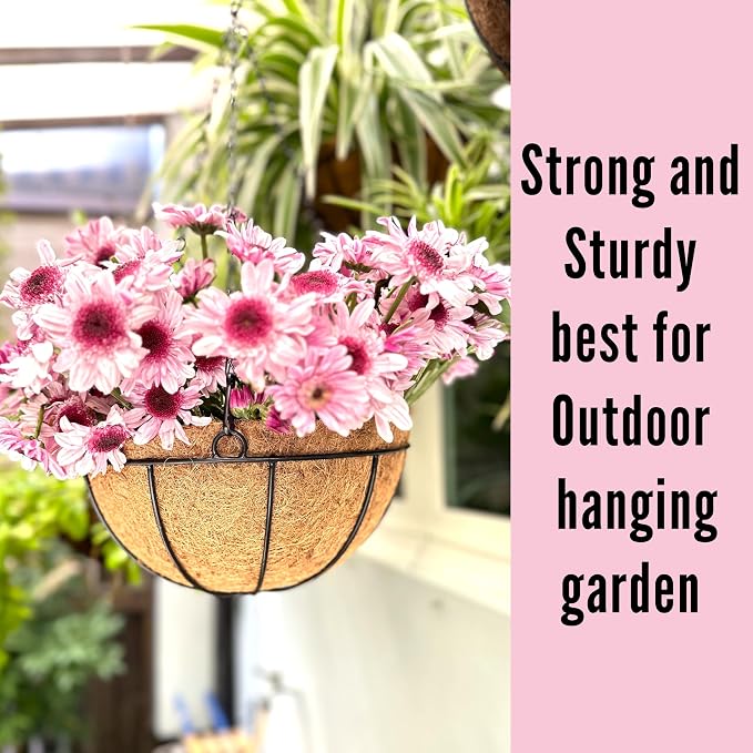 LaLaGreen Hanging Baskets for Outdoor Plants (10 Pack, 14 Inch) Large Hanging Planter with Coco Liner Round Flower Pots, Black Metal Wire Plant Holder Hook Deck Porch Garden Balcony Farmhouse Decor