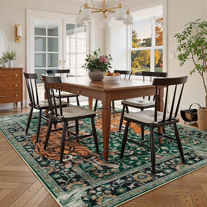 Moynesa Tiger 9x12 Washable Area Rug, Boho Green Rugs for Living Room, Non Slip Vintage Dining Room Rug, Botanical Ultra Thin Soft Stain Resistant Floor Carpet for Bedroom Home Office