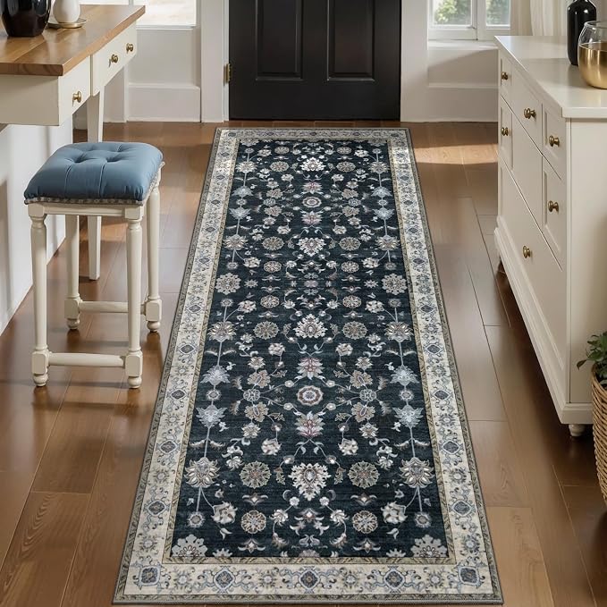 Tangsoo 2x5 Washable Runner Rugs for Hallway, Farmouse Non Slip Rug Runner | Vintage Soft Low Pile Rug Runner, Oriental Carpet Runners for Entryway Kitchen Bedroom Bathroom Living Room Black Home Decor