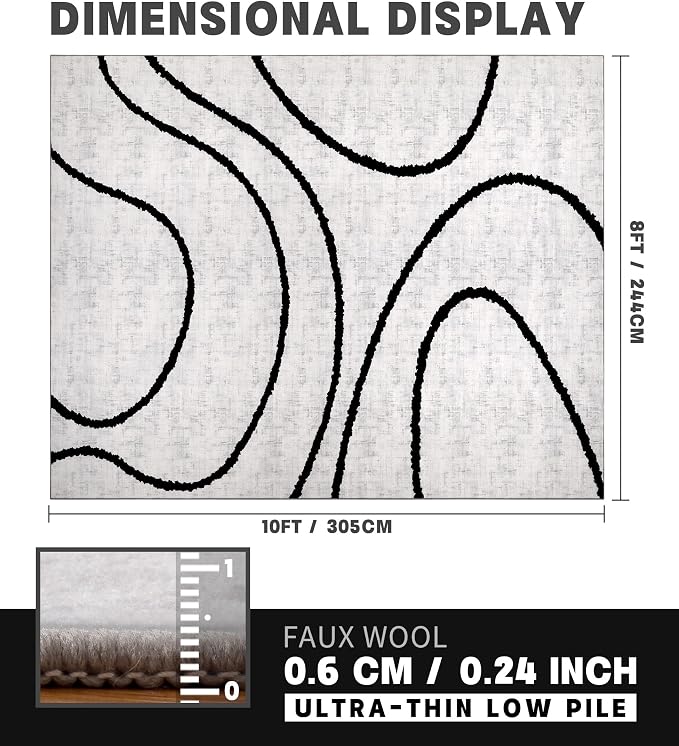 Modern Area Rugs for Living Room, 8x10 Washable Black and White Rug, Thin Abstract Geometric Striped Rug, Area Rug for Bedroom,Kitchen,Dining Room,Office