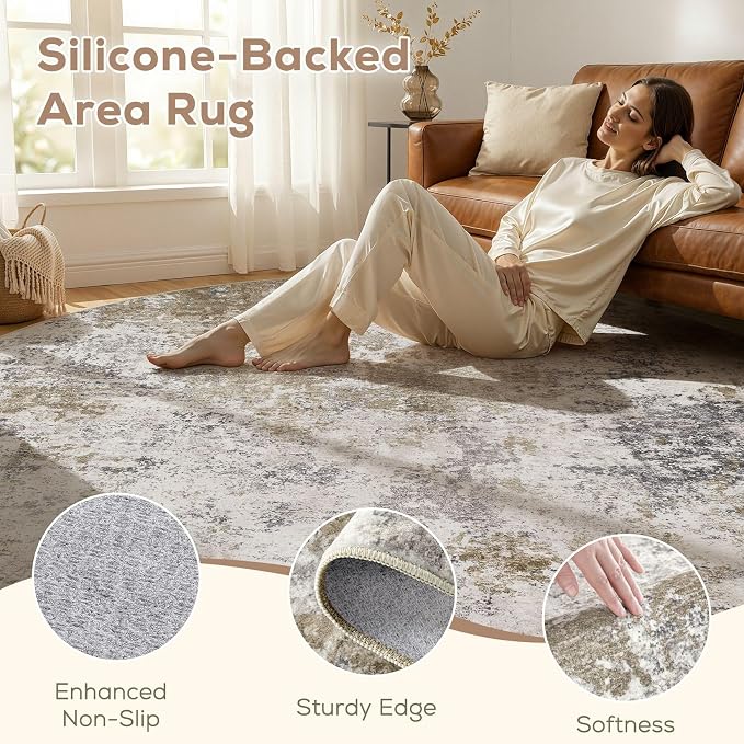 Nakagishi 8X8 Abstract Washable Area Rugs for Living Room-Brown Grey | Modern Non-Slip Silicone Backing Low Pile Soft Carpet for Bedroom Dining Decor Ideal for Families with Kids and Pets