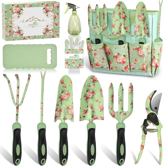 Gardening Tools, WisaKey 10 Piece Heavy Duty Garden Tools Set with Handle, Durable Fashion Garden Organizer Handbag, Ideal Gardening White Elephant Gifts Gift for Woman Mothers