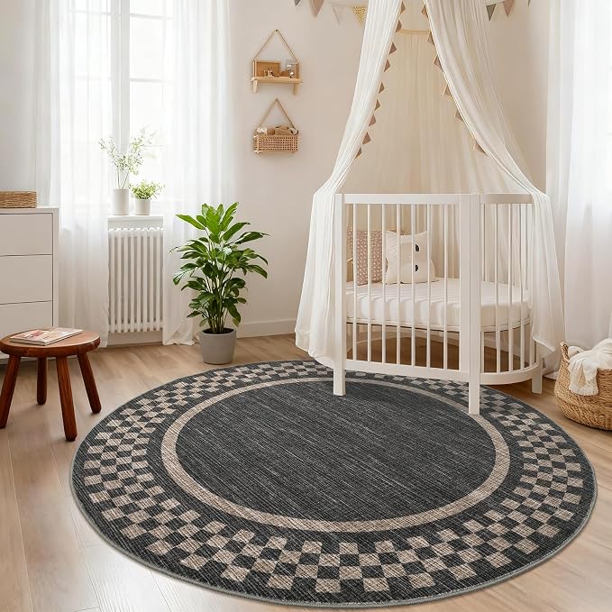 GarveeHome 6ft Washable Round Rug for Entryway Checkered Bedroom Circle Rug | Non Slip Soft Dining Room Round Throw Carpet Large Stain Resistant Border Round Rugs for Living Room Kitchen Bathroom, Black