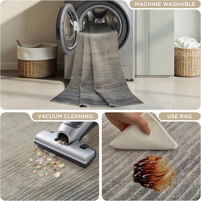 Joydeco 8x10 Area Rugs for Living Room, Washable Modern Abstract Non Slip Soft Rug, Low Pile Carpet for Bedroom, Dining Room, Home Office, Pet & Child Friendly, Beige & White & Dark Gray
