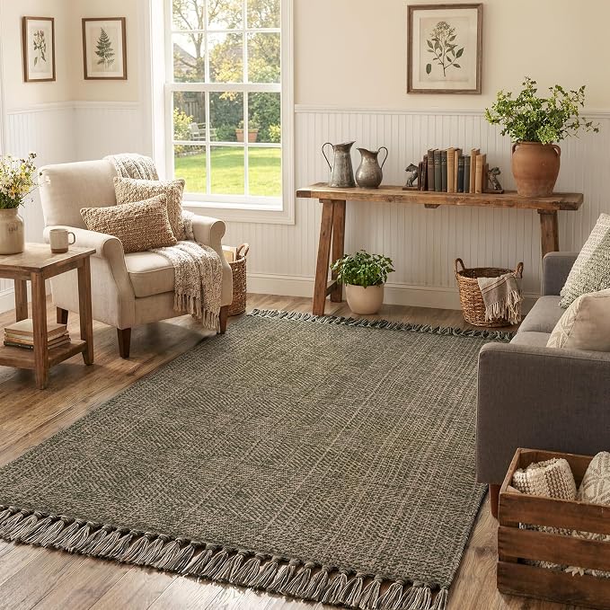 4' x 6' Moss Green Bedroom Area Rug, Boho Indoor Outdoor Rugs | Hand-Woven Washable Living Room Rug, Modern Farmhouse Braided Bedside Mats, Reversible Dining Room Carpet for Nursery Patio