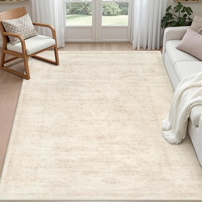 4x6 Area Rugs Living Room: Bedroom Washable Carpet Retro Beige | Large Vintage Boho Indoor Decor Neutral Soft Nursery Farmhouse Dining Room Office Floor Non-Slip Low Pile Under Table Rug
