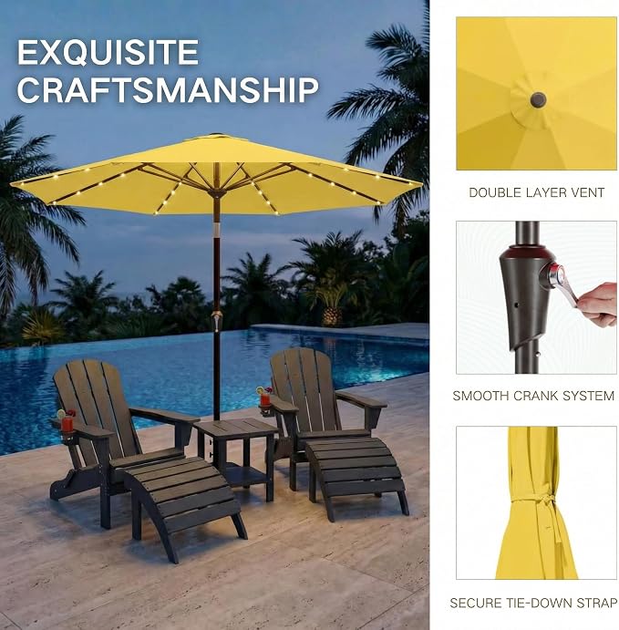 Kingdura 10FT Outdoor Patio Umbrella with Solar Lights, Market Table Umbrella with Push Button Tilt & Crank, 8 Sturdy Ribs, 32 LED Lights, UV Protection for Garden Lawn Deck Backyard Pool (Yellow)