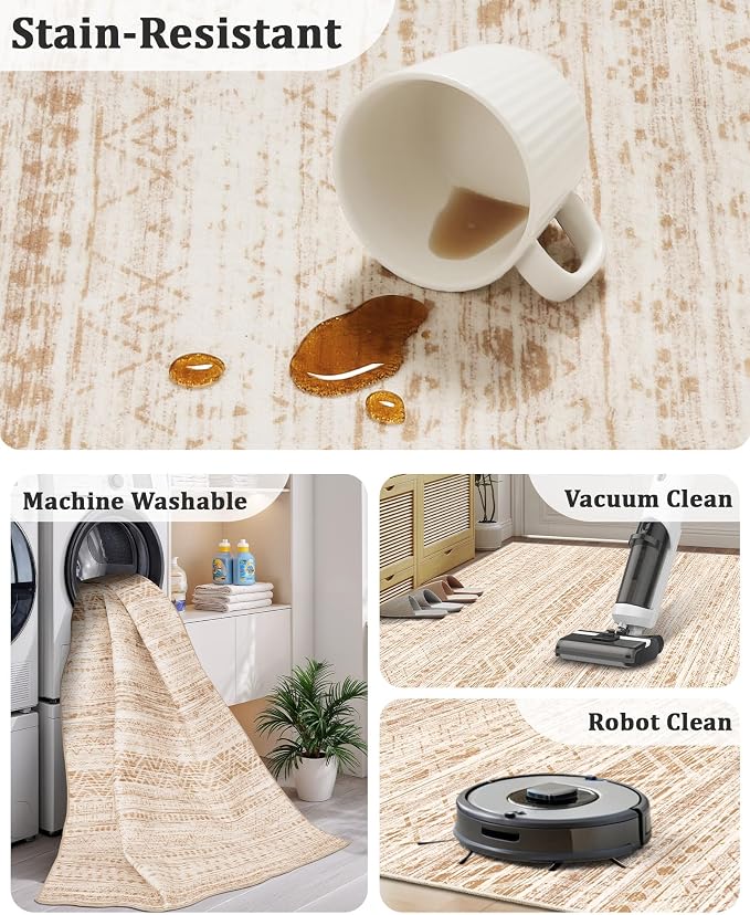 Miukiki 2x10 Runner Rug for Living Room Washable Non Slip Hallway Rug Beige | Soft Low Pile Machine Washable Long Floor Runner rugs for Kitchen Entryway Laundry Room, Foldable Indoor Carpet 2'x10'