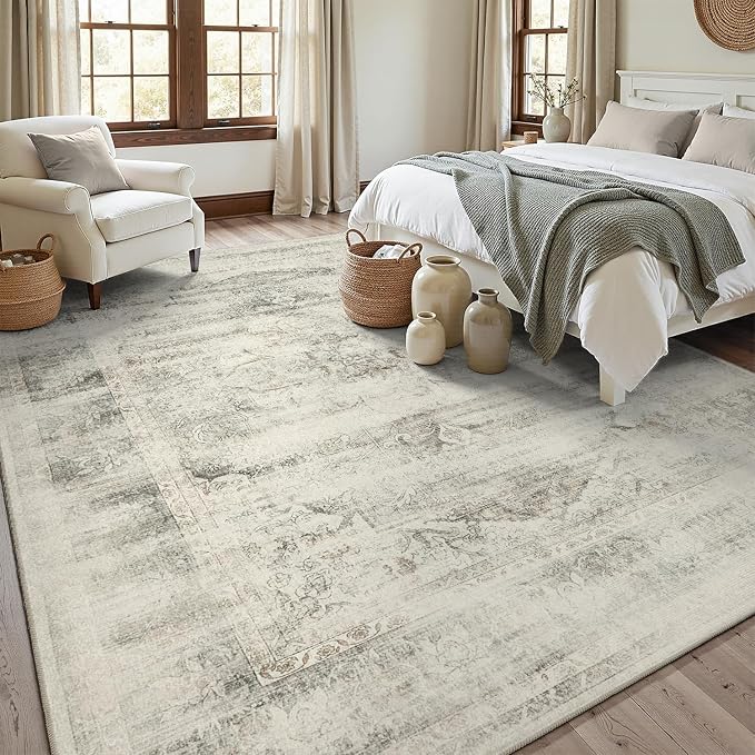 DCX Washable 8x10 Vintage Rug Stain Resistant Distressed Beige Rug | Kid & Pet Friendly with Rubber Back Non Slip Soft Low Pile Large Carpet for Living Room, Bedroom, Home Office