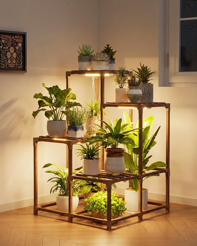 Bamworld 4-Pot Plant Stand with Grow Light Indoor Outdoor Corner Shelf Plant Holder Flower Stand Wood Plant Rack Indoor Multiple Plants Patio Balcony Garden Living room
