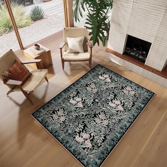 Washable Area Rugs 4x6 Black Green Vintage Floral Botanical Pattern,Perfect for Living Room, Bedroom, Kids Room, Nursery - Stain & Water Resistant Non-Slip, Pet & Child Friendly/Bedroom Decor