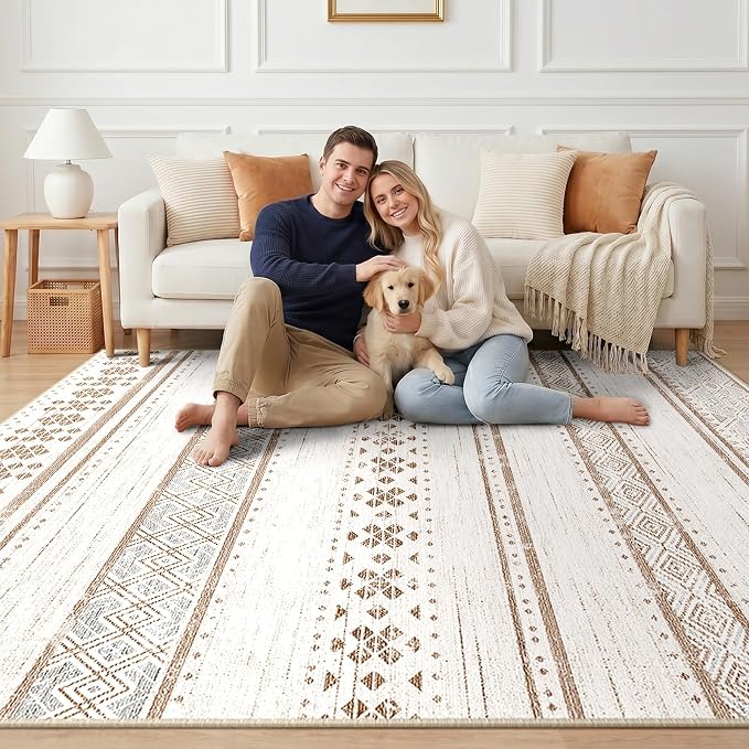 6x9 Washable Area Rugs for Living Room Boho Bedroom Rug Cream/Brown/Pink | Vacuum Friendly, Machine Washable, Non-Slip Rug, Stain Resistant, Moroccan Geometric, Low Pile Carpet, Dining Room Kitchen