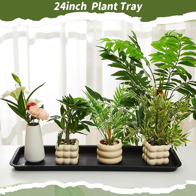Cinnvoice 4 Pack Black 24 x 8.2 x 0.8 Inch Rectangle Plant Saucer Large Plastic Plant Tray Water Drip Trays for Windowsill Flower Pot Planter Drainage Germination Garden Outdoor Indoor Use
