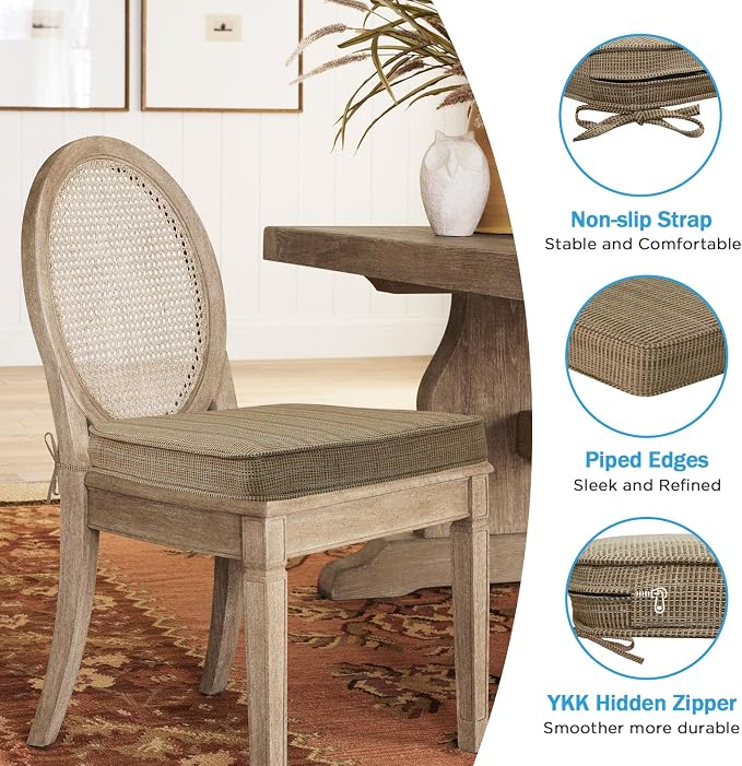17 x 16 Inch Outdoor Chair Cushions with Tie Straps, Set of 4 Thick Water Repellent Round Patio Chair Pads for Garden Lawn Patio Furniture, Sierra Linen