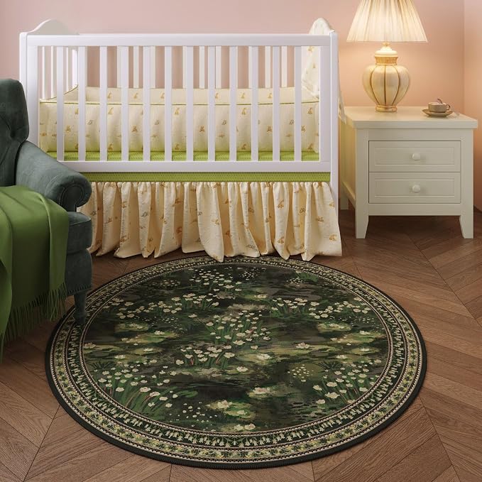 Rugcomf Circle Rug Impressionist-Style Vintage Round Rug 6ft Non Slip Low Pile Small Circular Rug for Bedroom Bathroom Entryway Kids Room Office College Dorm, Green