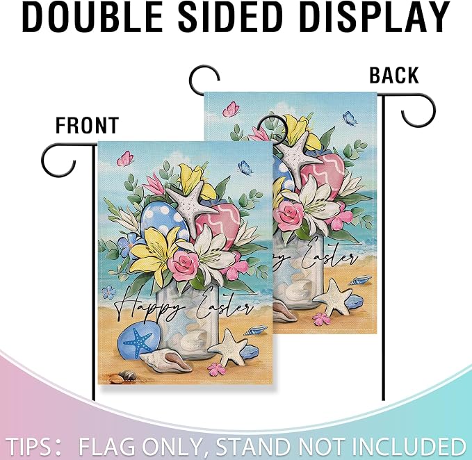 Artofy Happy Easter Beach Mason Jar Small Decorative Garden Flag, Coastal Lily Flower Easter Eggs Yard Lawn Outside Decor, Spring Nautical Starfish Burlap Outdoor Home Decoration Double Sided 12 x 18