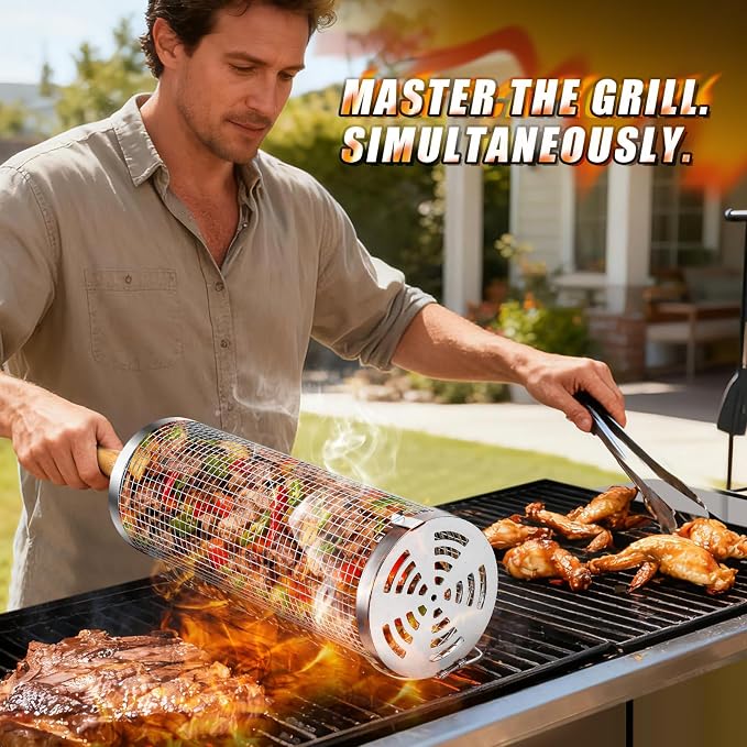 Rolling BBQ Basket for Outdoor Grill, Grilling for Vegetable/Veggies 2pcs | Stainless Steel Roll Barbeque Basket with Handle Heat Resistant, Non-slip Large Capacity to Grill Seafood Sausage for Camping