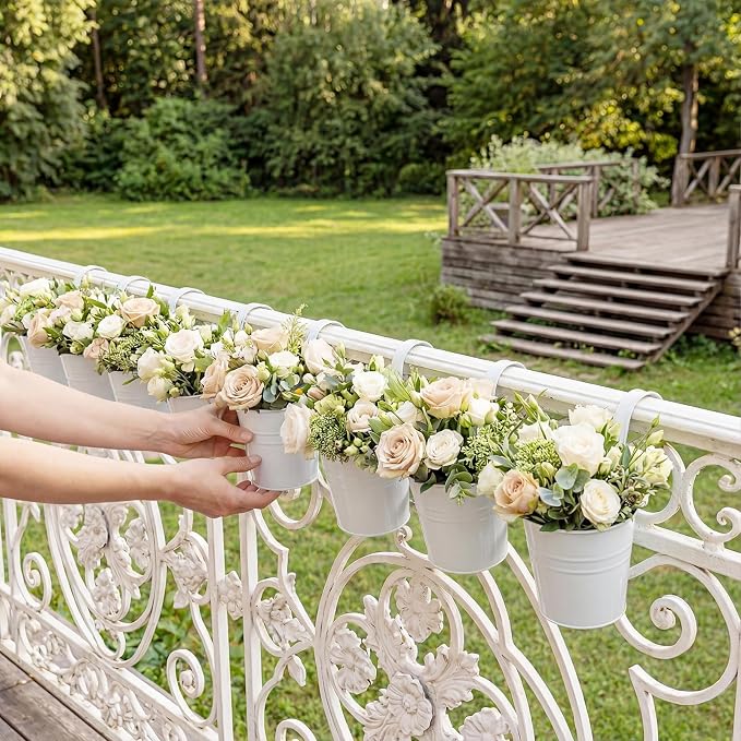 HowRU Hanging Flower Pots, Railing Planter Box for Outdoor Plants 12 Pack 5 Inch Metal Hanging Planters with Detachable Hooks Balcony Window Fence Garden Decoration Flower Boxes, White